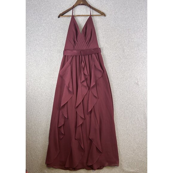White by Vera Wang Maxi Dress Women 4 Wine Ruffle Halter Bridesmaid Formal Gown - Picture 2 of 11
